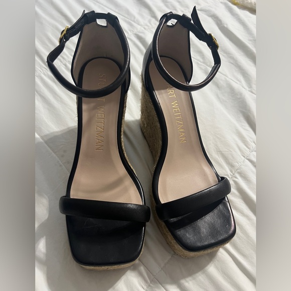 Stuart Weitzman Black Leather Espadrille Wedges - Picture 8 of 9